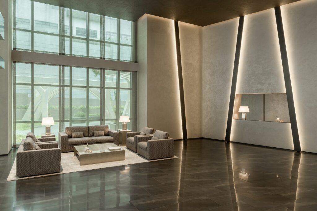 Century Spires residential lobby interior design by Armani Casa